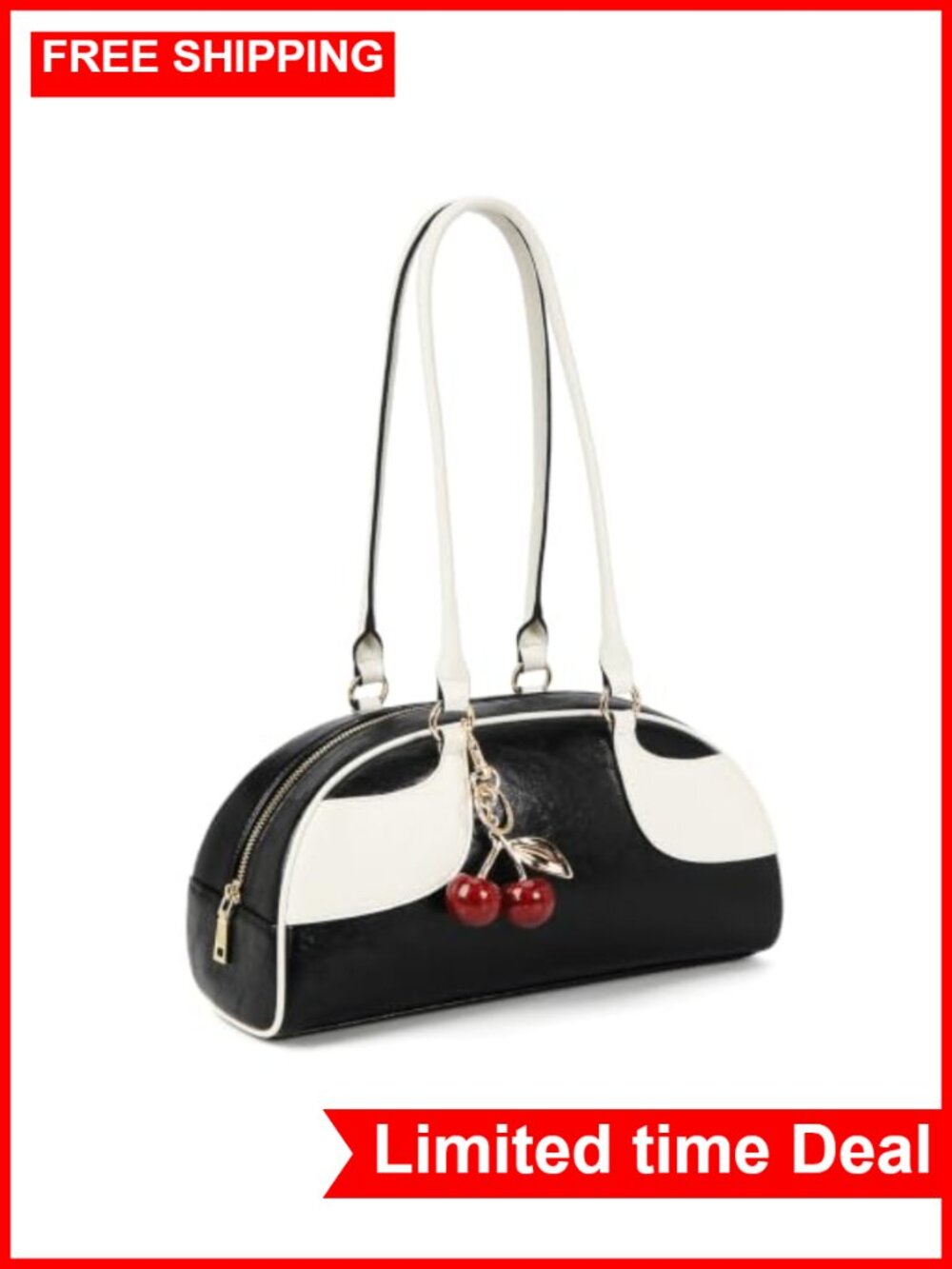 Y2K Bowler Shoulder Bag with Detachable Cherry Charm Faux Leather